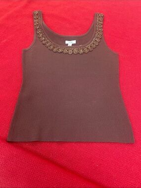 Cache Brown Ribbed Tank with Beaded Scallop Neckline